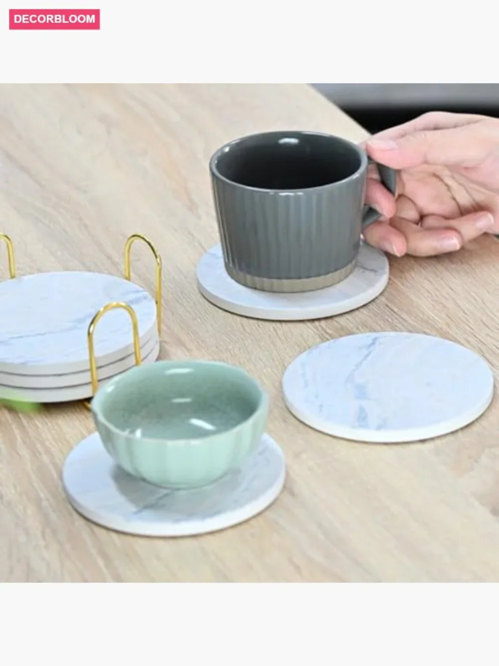 6Pcs Marble Ceramic Coasters with Cork Base for Table Protection